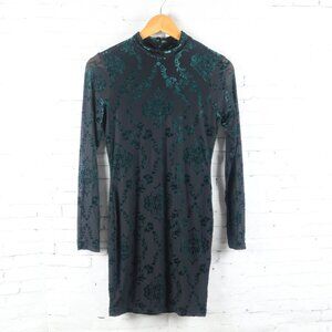 IRIS BLACK & TEAL VELVET BURNOUT FLORAL LONG SLEEVE HIGH NECK DRESS SIZE MEDIUM